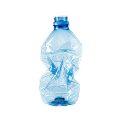 a heavily crumpled cerulean blue discarded pet plastic bottle in macro detail on a transparent background with copy space, concept of environmental waste and pollution