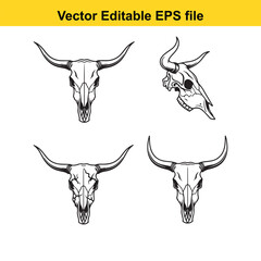  vector editable eps file containing four bull skull line icons isolated on white background