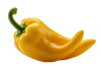 a single, hyper-detailed yellow cayenne pepper with a wet, glossy sheen and emerald green calyx, isolated on a transparent infinity background with copy space. concept for ingredient freshness