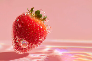 Floating strawberry with luminous liquid and bubbles for skincare branding visuals.