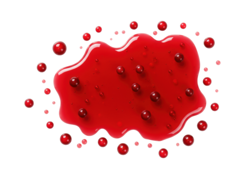 hyper-realistic macro flat lay of deep ruby red cranberry juice spilled dynamically, spherical droplets reflecting studio light on a transparent background. concept for beverage advertising - Powered by Adobe