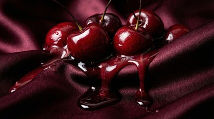 Macro beauty shot of glossy liquid cherries melting on dark red satin, luxury cherry lacquer texture