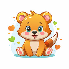 Fototapeta premium Cute cartoon baby fox with big eyes and a happy smile, surrounded by colorful hearts.