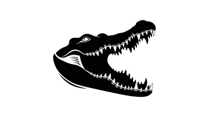Naklejka premium Black and white illustration of an alligator head with its mouth wide open, showing sharp teeth.