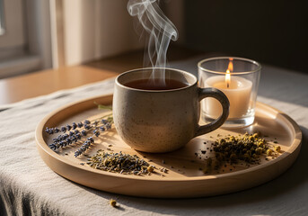 Calm bedtime tea with lavender on bedside table