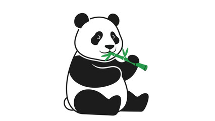 Obraz premium Cute cartoon giant panda sitting and happily eating a green bamboo stalk on a white background.