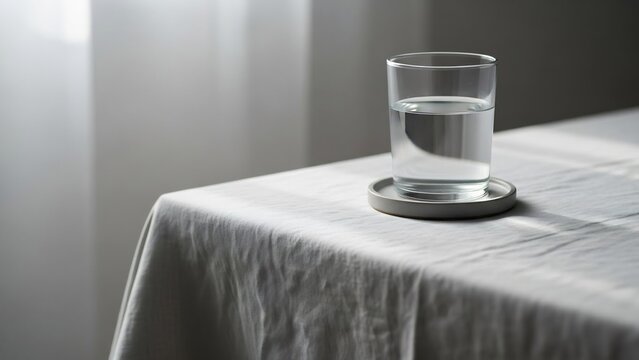 Clear glass filled with cool, refreshing water rests on a textured coaster placed on a dd tablecloth, bathed in soft light.