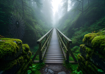 Obraz premium Bridge in misty valley connecting mountains in nature