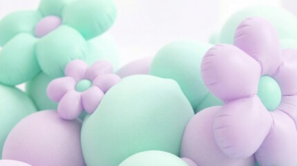 Abstract squishy foam background with puffy inflatable 3D flowers, pastel mint and lavender marshmallow texture