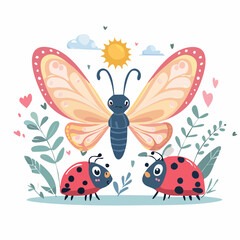 Cute cartoon butterfly and two ladybugs surrounded by green leaves, pink hearts, and a sunny sky, depicting a cheerful spring scene.