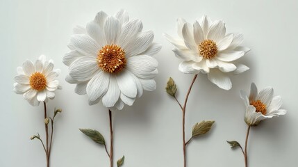 Obraz premium Four white flowers are displayed on a light background. The flowers vary in size and shape featuring golden centers and green leaves that add to the natural look.