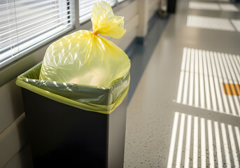 Biohazard waste bag filled with medical refuse for disposal
