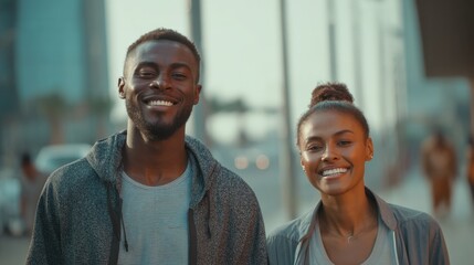 A couple stands on a busy city street smiling at the camera. They wear casual clothes and look happy. Cars and buildings are in the background on a sunny day.
