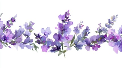 Purple flowers are arranged in a horizontal line against a white background. This display highlights different shades and forms of petals in a simple design.