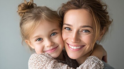 A mother and daughter embrace each other with smiles in a bright room. They appear happy and connected as they enjoy their time together. The daughter holds onto her mother lovingly.