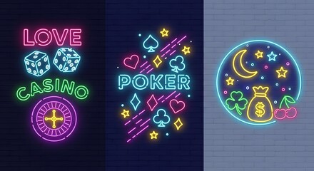 Neon casino and poker signs with lucky symbols for a vibrant gambling theme