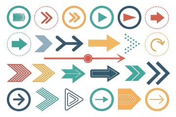 A collection of flat arrow icons and vector symbols designed for web buttons and business interface direction including play next and forward signs in a modern circle logo element set