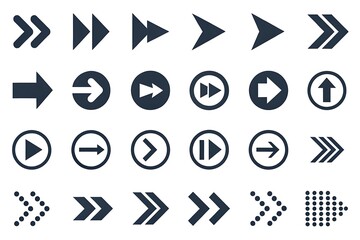 Set of black flat arrow icons and vector web buttons for play and direction sign symbols isolated on a white background for internet design element illustration