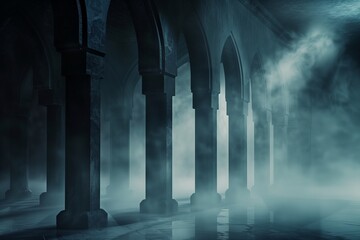 Misty gothic archway corridor with foggy atmosphere and dramatic lighting