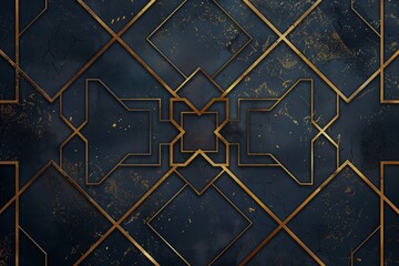 Gold-lined geometric patterns on dark blue background with metallic texture