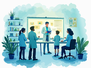 Obraz premium Tech Innovators Brainstorming in Science Lab with Abstract Background