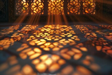 Warm sunlight filters through intricate lattice windows in a dimly lit room.