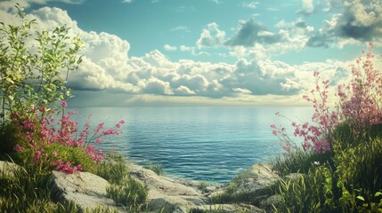 Plants on the shore of a beach, blue sky above the beach generative ai