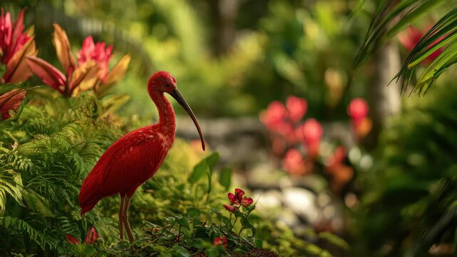Scarlet ibis in a lush tropical setting, A scarlet ibis with bright red feathers is perched in a dense tropical landscape, surrounded by rich green plants