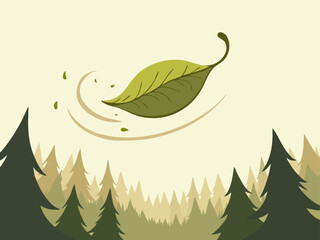 Naklejka premium Organic Doodle of a Flying Leaf in a Forest with Swirling Wind