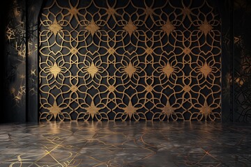Luxurious gold patterned wall in a dark room with marble floor