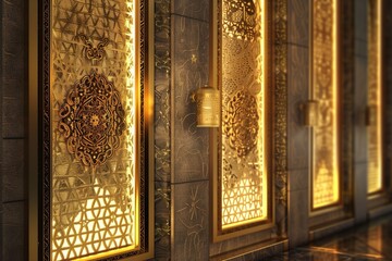 Golden ornate doors with intricate patterns illuminated in a luxurious hallway
