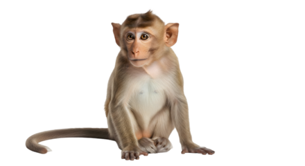 A curious monkey sitting on a transparent background, looking directly at the camera