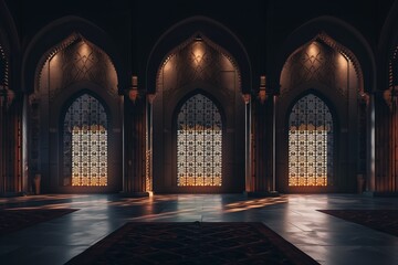 A serene mosque interior with arched windows and prayer mats at dusk