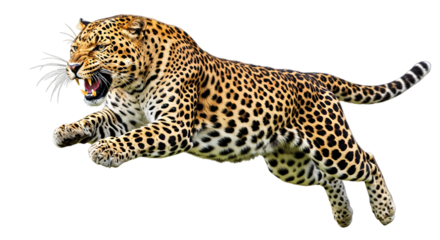 A leopard jumping aggressively on transparent background