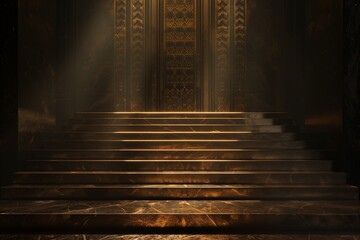 Golden light shines on empty stone stairs leading to ornate door in mysterious ambiance