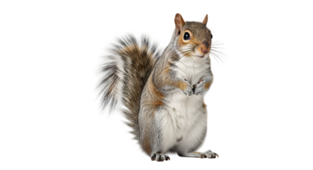 A curious squirrel standing on its hind legs on a transparent background