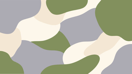 Abstract camouflage pattern, organic fluid shapes, muted green beige gray tones, terrain concealment texture, flat vector illustration design © Mehebub Creatives
