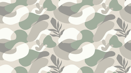 Abstract camouflage pattern, organic shapes with leaf motifs, muted green beige white gray tones, nature-inspired texture, flat vector illustration © Mehebub Creatives