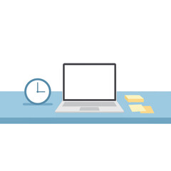 Desk with laptop clock and sticky notes against blue background.