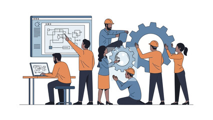 Team collaboration on a project with gears and a digital display.