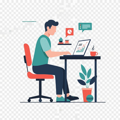 Man sitting at desk working on laptop in a modern office.