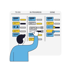 Person points at a kanban board with tasks and progress.