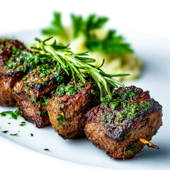 Close up of a grilled beef shashlik skewer garnished with fresh parsley and rosemary, on a white plate with mashed potatoes in the background.