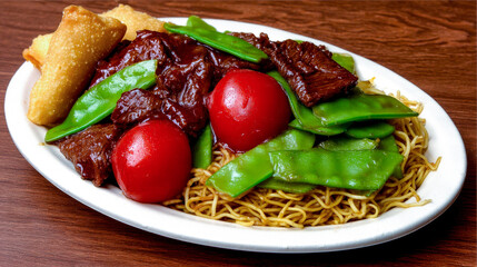 Chinese beef lo mein with snow peas, cherry tomatoes, and fried wontons on a white plate over a dark wood table.