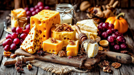 A rustic autumn cheese board with Swiss cheese, brie, walnuts, fresh grapes, and a honey dipper on a wooden table.