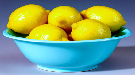 A still life of several fresh yellow lemons with vibrant skin piled in a light blue ceramic bowl.