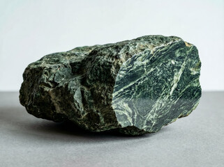 A collectible geological specimen of Greenschist - Metamorphic rock with a foliated green chlorite and actinolite mineral composition on a cut polished face