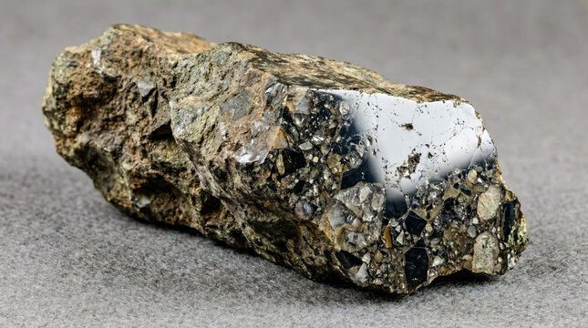 A collectible geological specimen of impact breccia with diverse lithic clasts embedded in a fine-grained matrix from impact melt glass formed by a meteorite strike