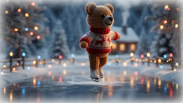 Knitted bear toy ice skating on an outdoor winter rink under festive string lights. Christmas character enjoying cold weather activities.