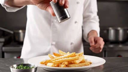 A chef in a white coat seasons golden french fries with salt, next to a small bowl of green herbs